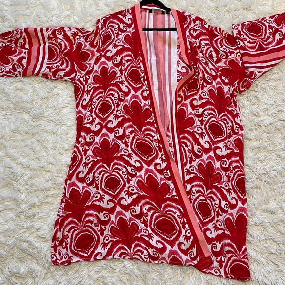 Dennis Basso Women’s Red White Duster Kimono Bohemian Hippie Western Cowgirl 2X - Picture 9 of 10